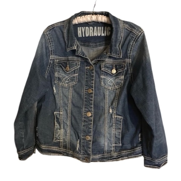 Hydraulic Distressed Jean Jacket White Stitching Size 1X - Picture 1 of 12
